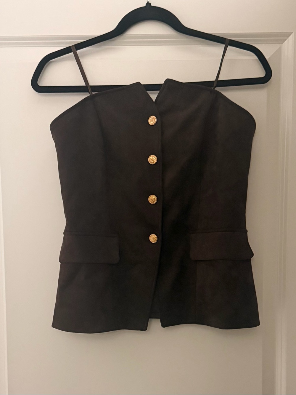 Rachel Zoe Brown Faux-Suede Sleeveless Blazer with Gold Buttons - Picture 6 of 9